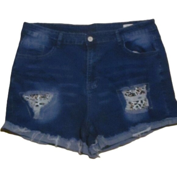 Distressed Denim Shorts With Leopard Print Patches Frayed Hem 3XL Blue - Picture 1 of 5
